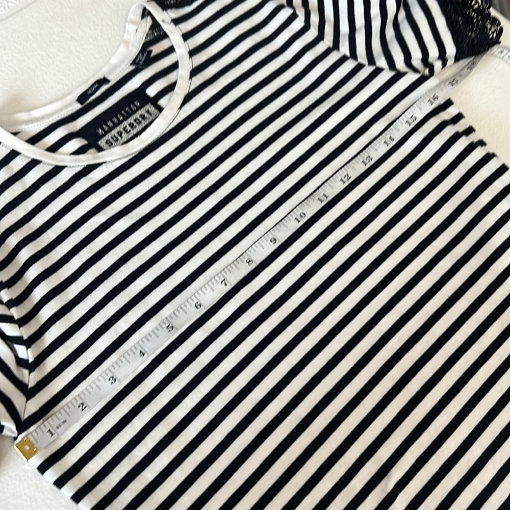 SuperDry Jersey Cotton Navy Stripe Dress Lace Sleeve Accent Sz 8 US - Picture 10 of 14